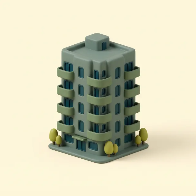 Modelo 3D de un edificio residencial en tonos verdes, con balcones y árboles en su base.