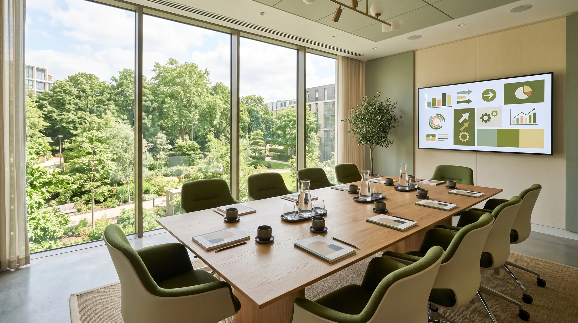 Sala de reuniones con mesa de madera, sillas verdes y ventanales de piso a techo con vista a los jardines del conjunto residencial.