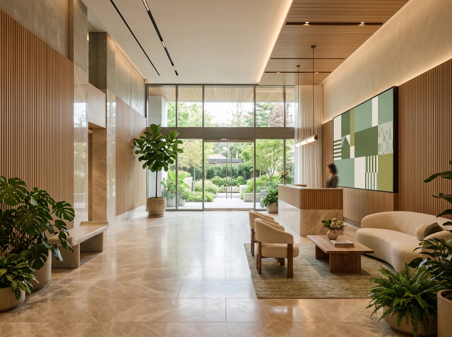 Lobby de un condominio con paneles de madera, piso de mármol, plantas y un cuadro en tonos verdes, iluminado por ventanales que dan al jardín.